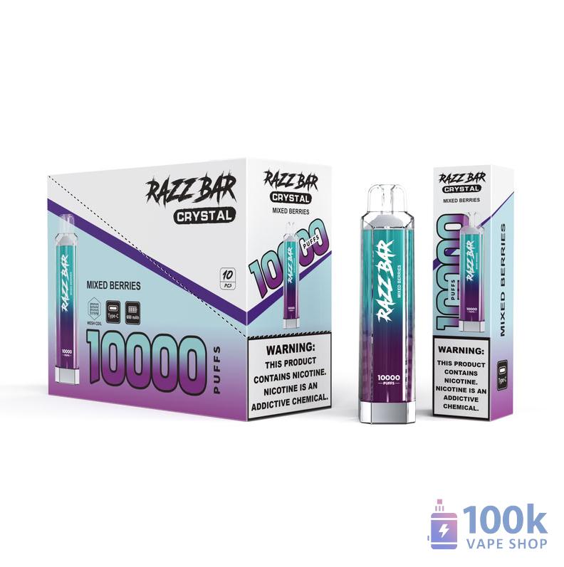 Razz Bar Crystal 10000 Puffs Vape jetable - 16 saveurs, 0% ou 2% Nicotine